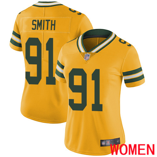 Green Bay Packers Limited Gold Women 91 Smith Preston Jersey Nike NFL Rush Vapor Untouchable